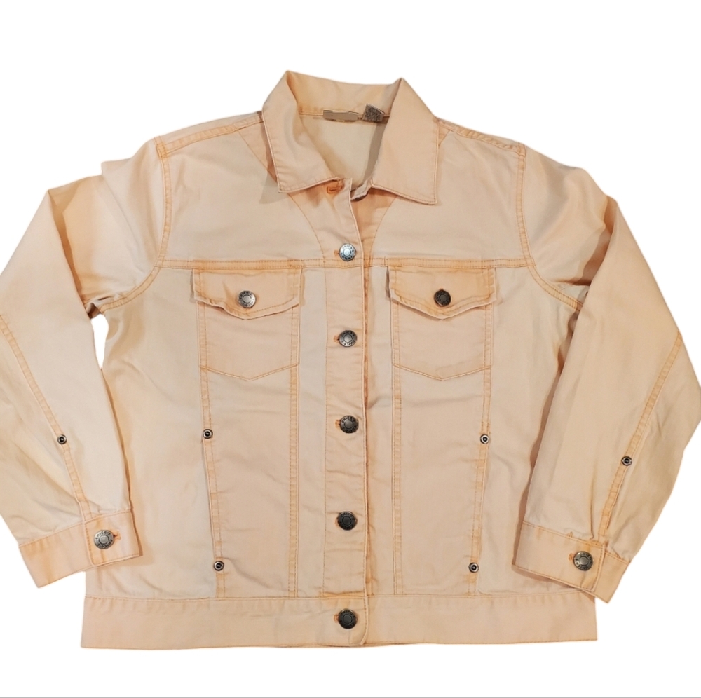 Chico's Womens Peach Long Sleeve Denim Jacket With Silver Logo Buttons Size 0